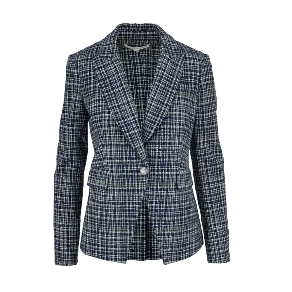 Veronica Beard Cutaway Dickey Blazer 8 Navy Plaid Tweed Quiet Luxury Jacket